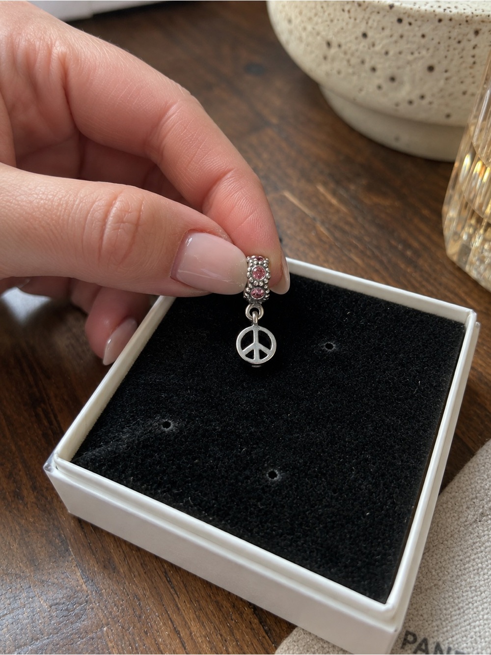 Pandora Silver Peace Sign Dangle Charm with Pink Stones